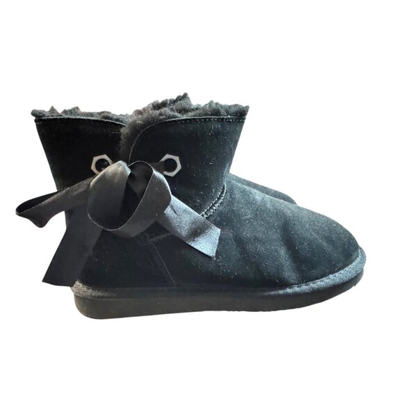 Pawz By Bearpaw Women's Sz 10 Black Suede & Faux Fur Ankle Boots With Ribbon Bow - Picture 6 of 7